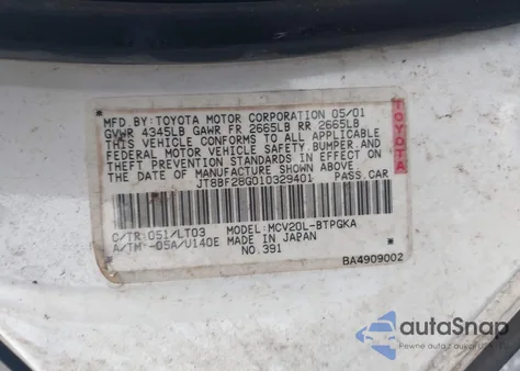 2001 Lexus Es 300 из США, поврежденный, VIN JT8BF28G010329401